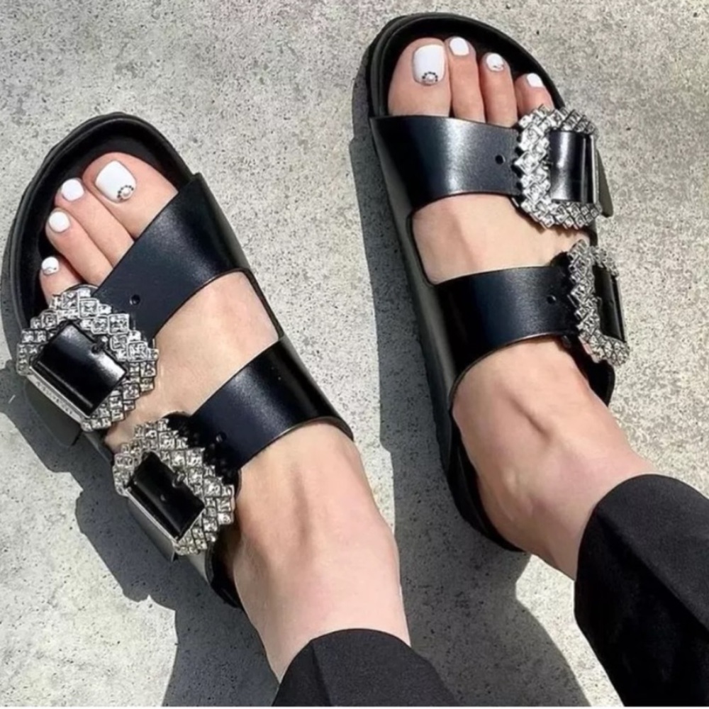 Manolo Blahnik x Birkenstock Black Leather Arizona Crystal Buckle Sandals - Picture 8 of 9